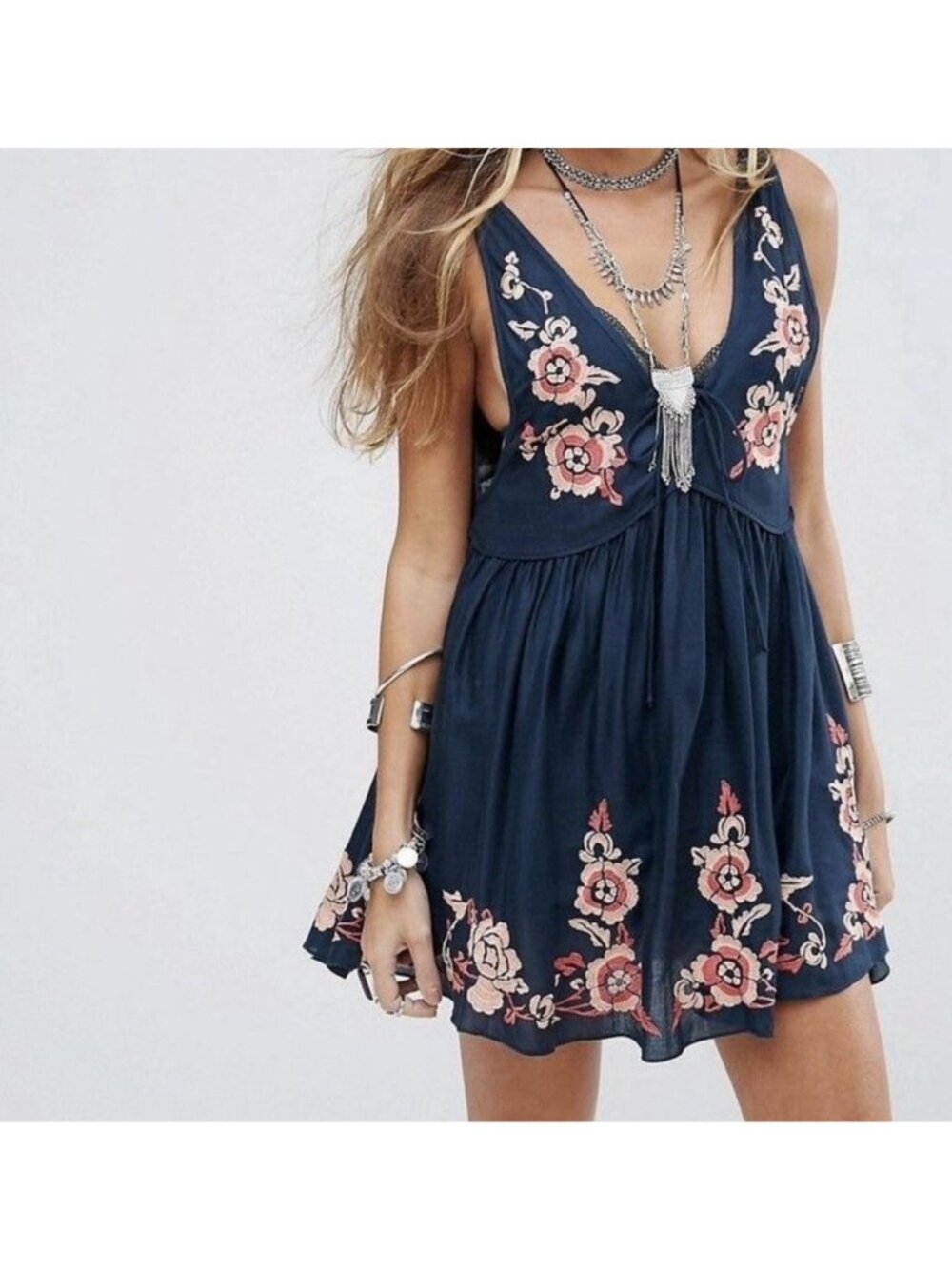 Free People Aida Slip Tank Dress Navy Blue Pink Floral Embroidered V Neck Medium